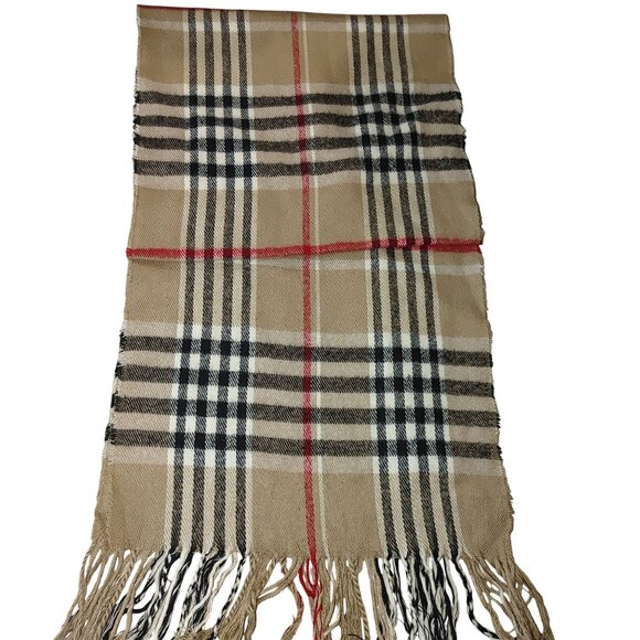 Nova Check Beige Plaid Scarf Wrap Blend Fringe 60 by 12 Classic Checkered Patter - Picture 9 of 9
